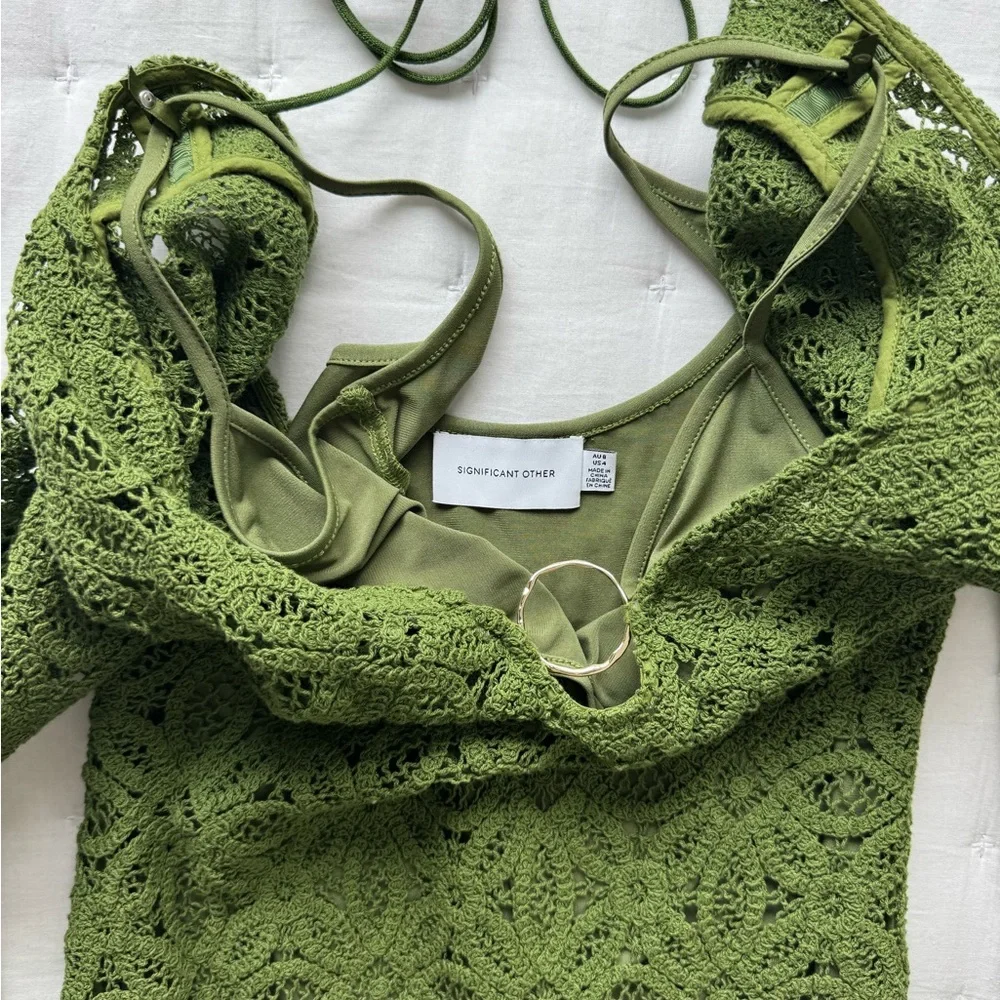 Significant Other 4 Green Crochet Imogen Maxi Dress Bell Sleeves - Picture 7 of 9